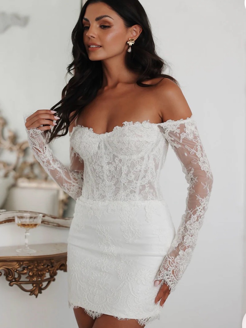 UNTAMED PETALS BY AMANDA JUDGE White Off-Shoulder Lace Mini Dress